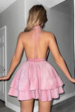 Glitter Black Halter Tiered A Line Backless Short Prom Dress