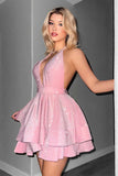 Glitter Black Halter Tiered A Line Backless Short Prom Dress