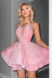 Glitter Black Halter Tiered A Line Backless Short Prom Dress