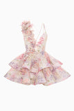 Cute Pink Floral Tiered A Line Short Prom Dress with Ruffles