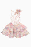 Cute Pink Floral Tiered A Line Short Prom Dress with Ruffles