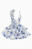 Cute Pink Floral Tiered A Line Short Prom Dress with Ruffles