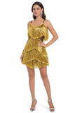 Sparkly Golden Tight Tiered Short Prom Dress with Fringes
