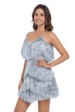 Sparkly Golden Tight Tiered Short Prom Dress with Fringes
