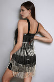 Sparkly Black and Silver Bodycon Tiered Short Prom Dress with Fringes