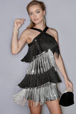 Sparkly Black and Silver Bodycon Tiered Short Prom Dress with Fringes