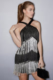 Sparkly Black and Silver Bodycon Tiered Short Prom Dress with Fringes