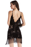 Sparkly Black V Neck Tiered Short Tight Prom Dress with Fringes