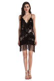 Sparkly Black V Neck Tiered Short Tight Prom Dress with Fringes