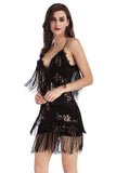 Sparkly Black V Neck Tiered Short Tight Prom Dress with Fringes