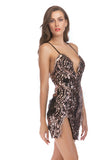 Sparkly Spaghetti Straps Black Sequin Mini Tight Prom Dress with Slit