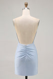 Sparkly Blue Tight Short Backless Prom Dress with Beading