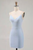 Sparkly Blue Tight Short Backless Prom Dress with Beading