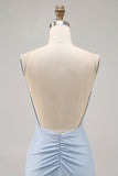 Sparkly Blue Tight Short Backless Prom Dress with Beading