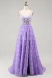 Purple Corset Tiered A Line Sequins Long Prom Dress with Sit
