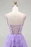 Purple Corset Tiered A Line Sequins Long Prom Dress with Sit