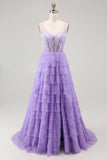 Sparkly Purple Corset Appliqued Long Tiered Prom Dress with Slit