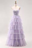 Glitter Lilac Corse Tiered  A Line Long Prom Dress with Lace