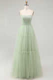 Sparkly Green Corset Tulle A Line Long Prom Dress with Bow