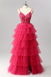 Sparkly Fuchsia Spaghetti Straps Tulle A-Line Maxi Ruffled Corset Prom Dress with Sequins