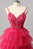 Sparkly Fuchsia Spaghetti Straps Tulle A-Line Maxi Ruffled Corset Prom Dress with Sequins