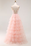 Sparkly Blush Tulle Tiered Floral Long Prom Dress with Sequins