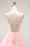 Sparkly Blush Tulle Tiered Floral Long Prom Dress with Sequins