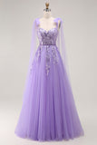 Sparkly Purple A Line Tulle Bow Long Prom Dress with Sequins