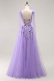 Sparkly Purple A Line Tulle Bow Long Prom Dress with Sequins