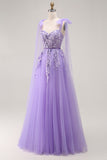 Sparkly Purple A Line Tulle Bow Long Prom Dress with Sequins