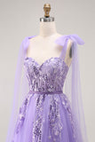 Sparkly Purple A Line Tulle Bow Long Prom Dress with Sequins