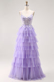 Purple Glitter Tiered A Line Long Prom Dress with Lace