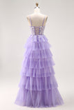 Purple Glitter Tiered A Line Long Prom Dress with Lace