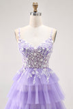 Purple Glitter Tiered A Line Long Prom Dress with Lace