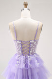 Purple Glitter Tiered A Line Long Prom Dress with Lace