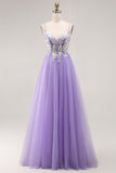 Purple A Line Corset Sparkly Long Prom Dress with Sequins
