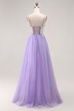 Purple A Line Corset Sparkly Long Prom Dress with Sequins