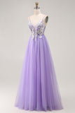 Purple A Line Corset Sparkly Long Prom Dress with Sequins
