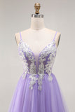 Purple A Line Corset Sparkly Long Prom Dress with Sequins