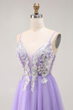 Purple A Line Corset Sparkly Long Prom Dress with Sequins