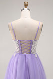 Purple A Line Corset Sparkly Long Prom Dress with Sequins