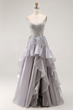 Sparkly Grey Corset Ball Gown Ruffled Long Prom Dress with Beading