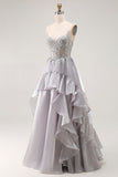Sparkly Grey Corset Ball Gown Ruffled Long Prom Dress with Beading