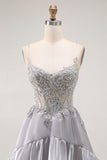 Sparkly Grey Corset Ball Gown Ruffled Long Prom Dress with Beading