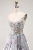 Sparkly Grey Corset Ball Gown Ruffled Long Prom Dress with Beading