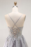 Sparkly Grey Corset Ball Gown Ruffled Long Prom Dress with Beading