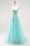 Sparkly Corset Green A Line Long Prom Dress with Lace