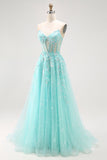Sparkly Corset Green A Line Long Prom Dress with Lace