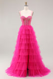 Fuchsia Beaded Corset Tiered Maxi Prom Dress with Slit
