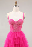 Fuchsia Beaded Corset Tiered Maxi Prom Dress with Slit